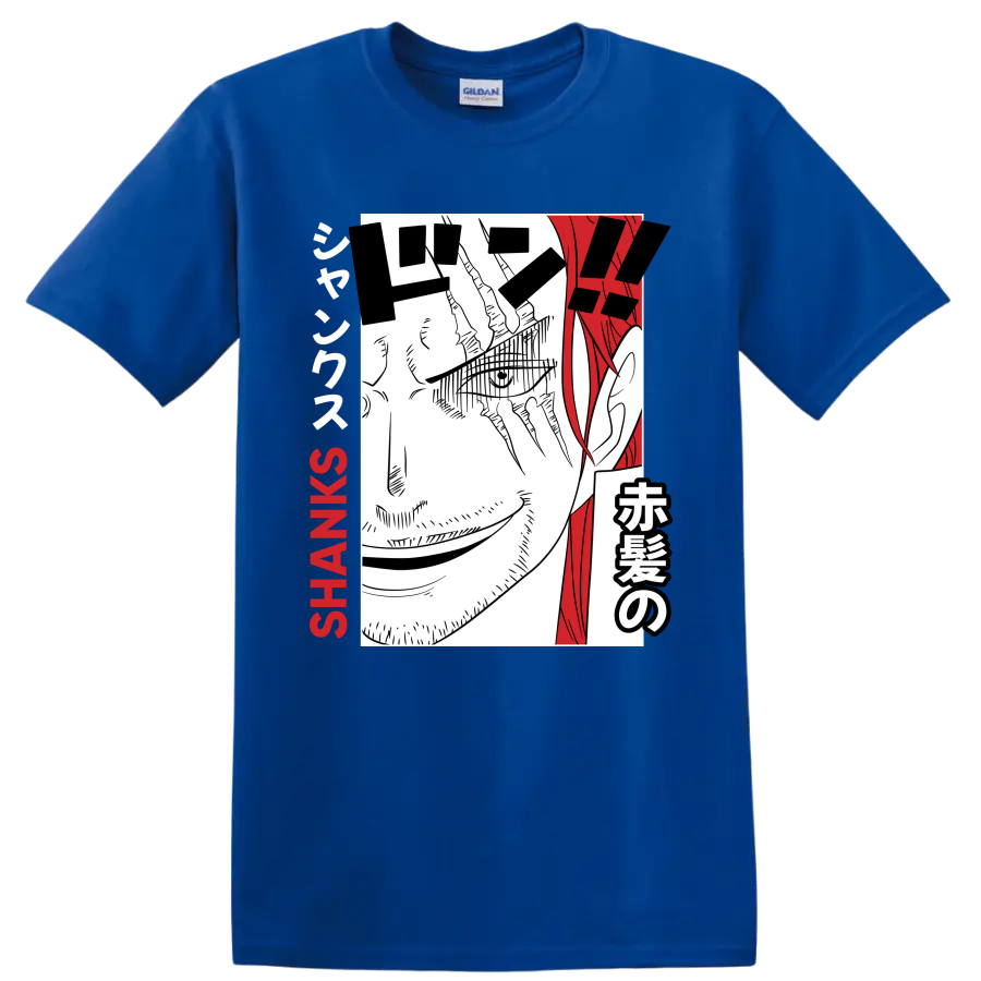 Shanks One Piece manga portrait with red hair, Japanese lettering, and SHANKS text on a Royal (Blue) T Shirt