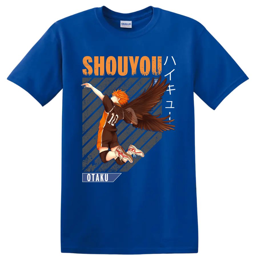 Shoyo Hinata winged volleyball anime graphic with Shouyou and Otaku text on a Royal (Blue) T Shirt