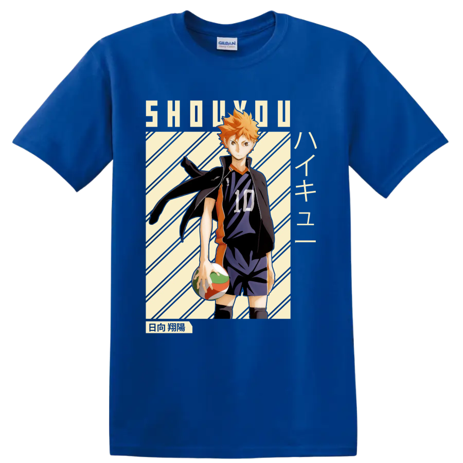Shoyo Hinata in Karasuno number 10 uniform with volleyball manga-style graphic on a Royal (Blue) T Shirt