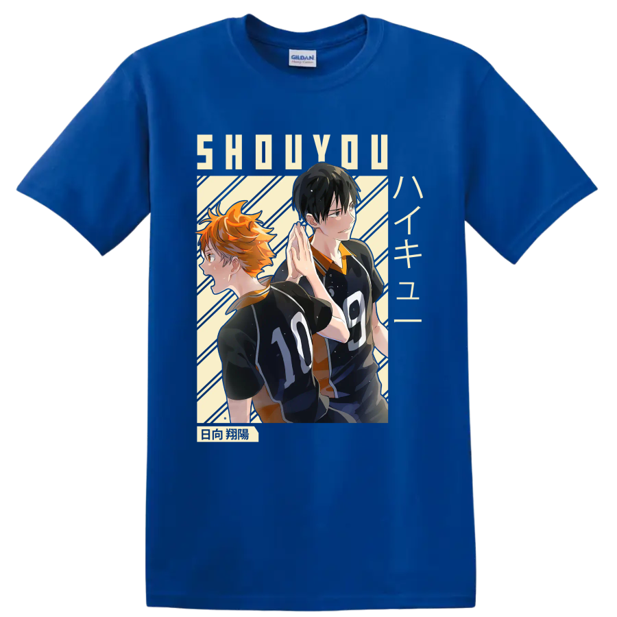 Anime-style Shoyo Hinata and Tobio Kageyama in Karasuno volleyball uniforms on a Royal (Blue) T Shirt