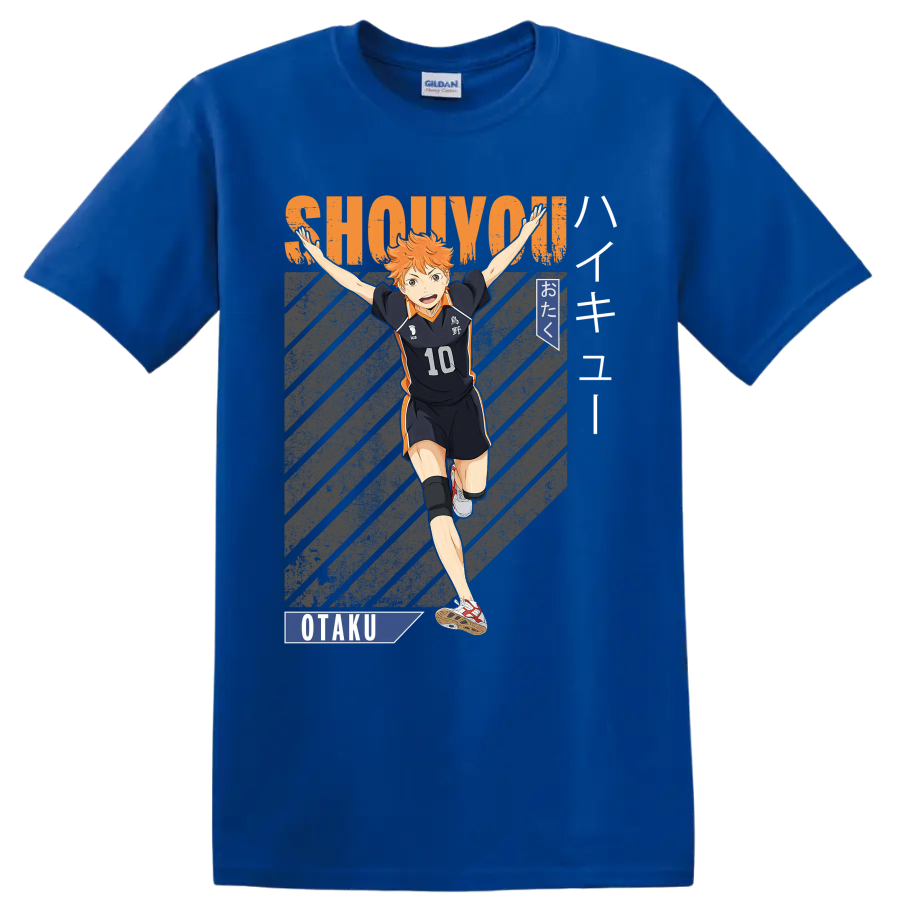Shoyo Hinata in Karasuno No. 10 uniform with SHOUYOU lettering and otaku graphics on a Royal (Blue) T Shirt