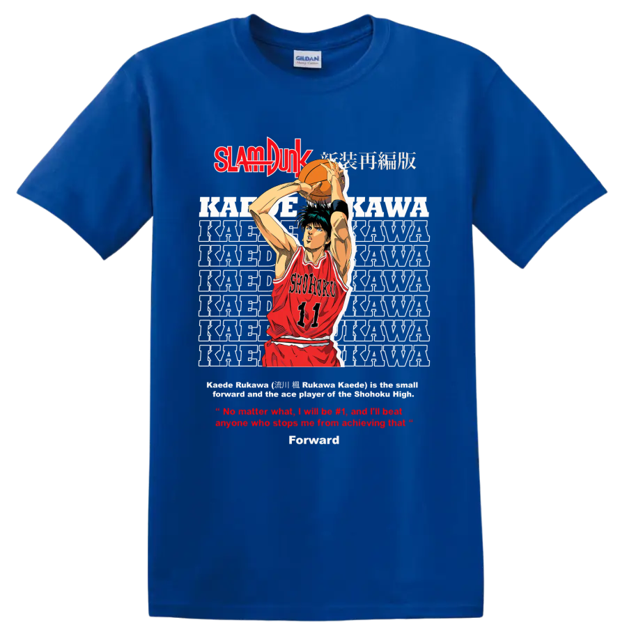 Kaede Rukawa Slam Dunk manga basketball shooter graphic with Shohoku number 11 jersey on a Royal (Blue) T Shirt
