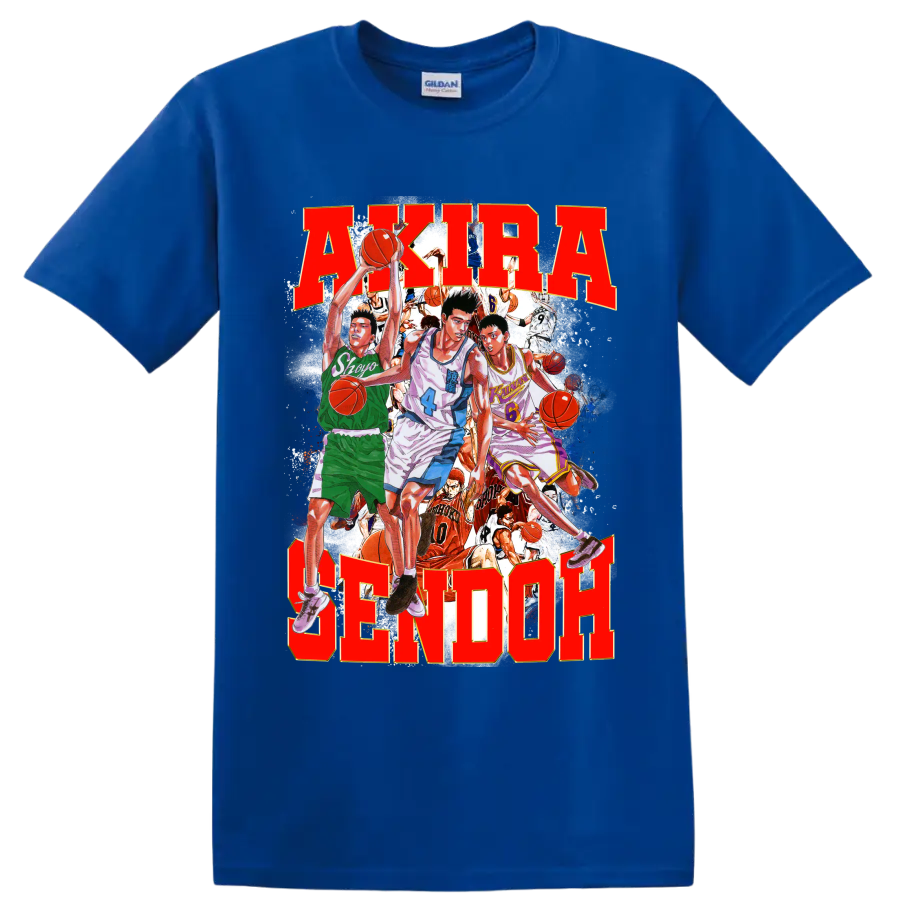 Slam Dunk manga collage with Sendoh, Fujima, Sakuragi and bold AKIRA SENDOH text on a Royal (Blue) T Shirt