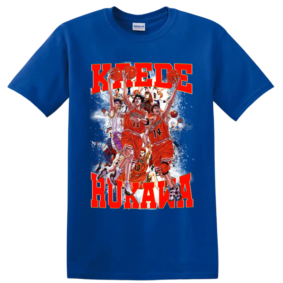 Kaede Rukawa Slam Dunk manga-style Shohoku basketball action collage on a Royal (Blue) T Shirt