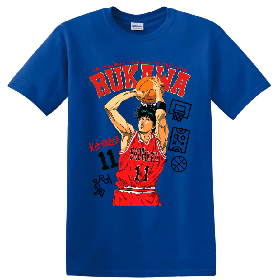 Kaede Rukawa Shohoku 11 manga basketball shooting graphic on a Royal (Blue) T Shirt