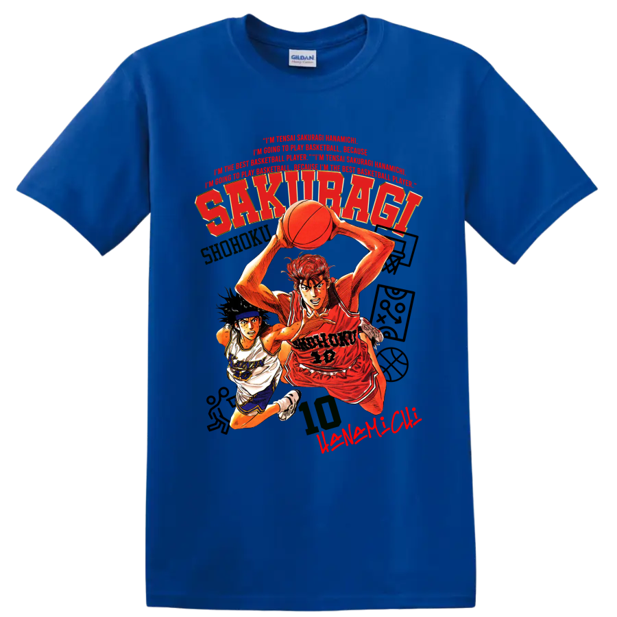 Slam Dunk manga graphic of Hanamichi Sakuragi and Nobunaga Kiyota playing basketball on a Royal (Blue) T Shirt