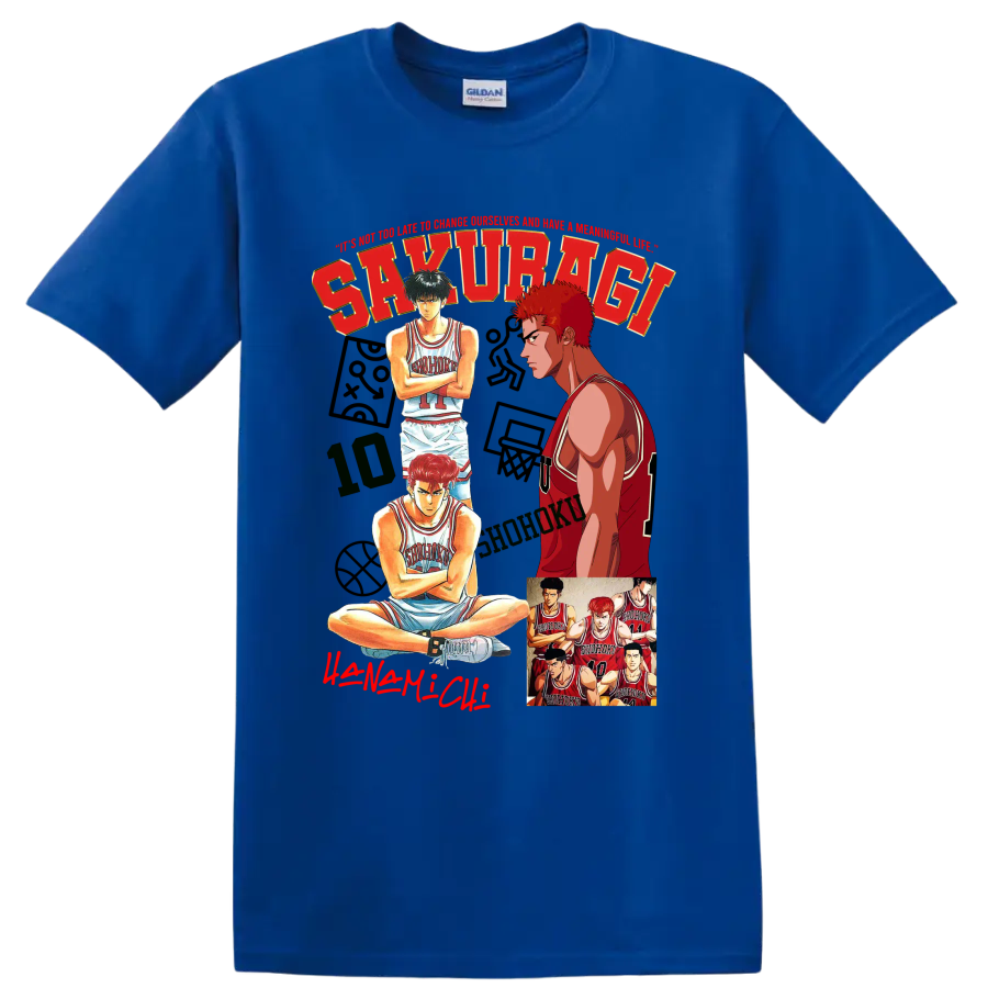 Slam Dunk manga collage of Hanamichi Sakuragi, Kaede Rukawa, and Shohoku players on a Royal (Blue) T Shirt
