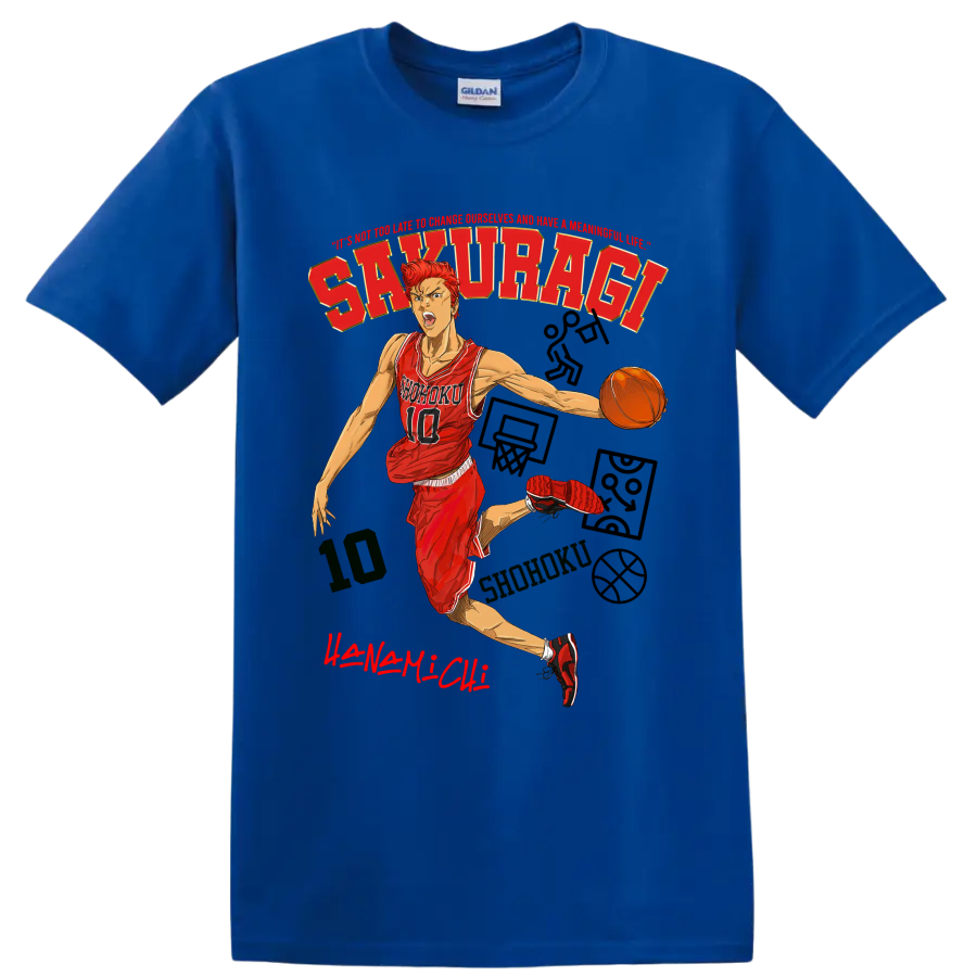 Hanamichi Sakuragi Slam Dunk manga basketball action graphic with Shohoku jersey on a Royal (Blue) T Shirt