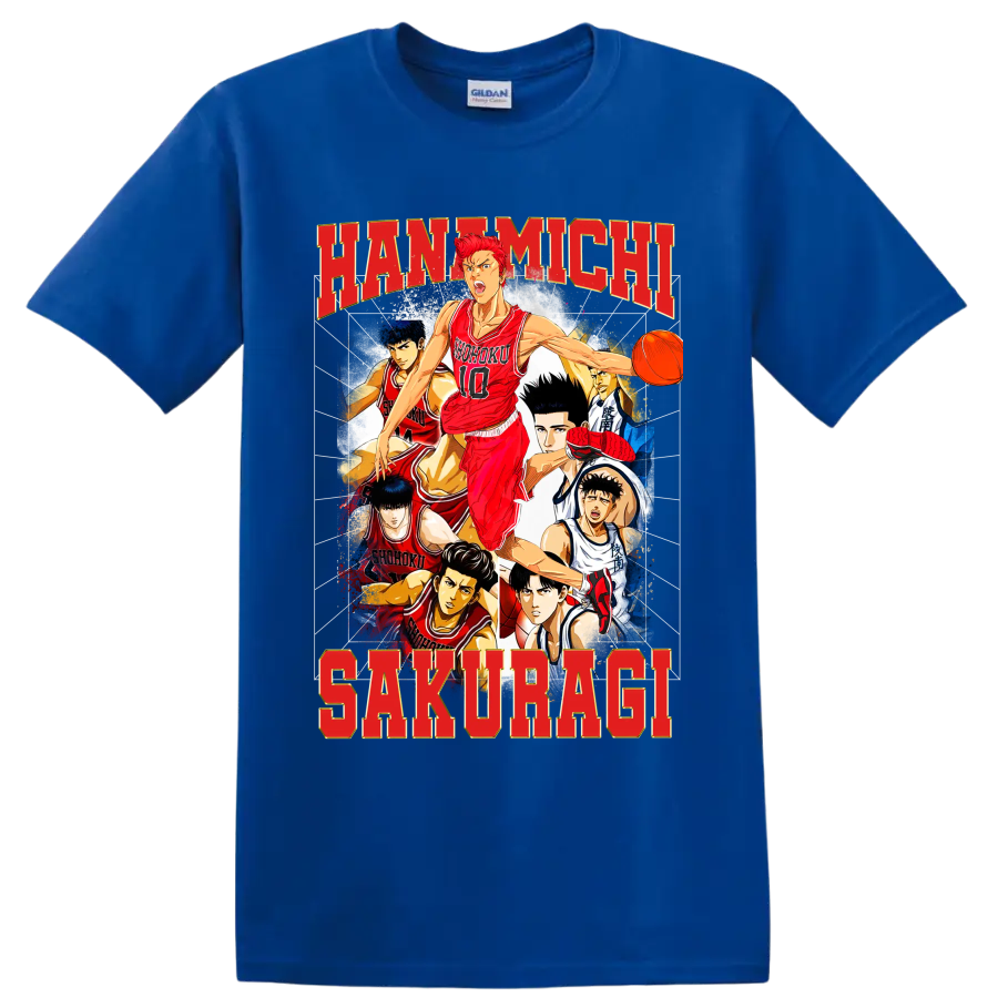 Hanamichi Sakuragi Slam Dunk manga basketball collage with Shohoku players on a Royal (Blue) T Shirt