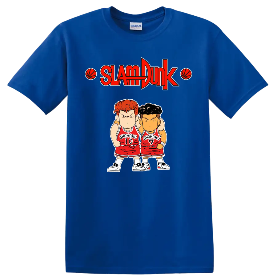 Chibi Hanamichi Sakuragi and Ryota Miyagi in Shohoku uniforms beneath Slam Dunk logo on a Royal (Blue) T Shirt