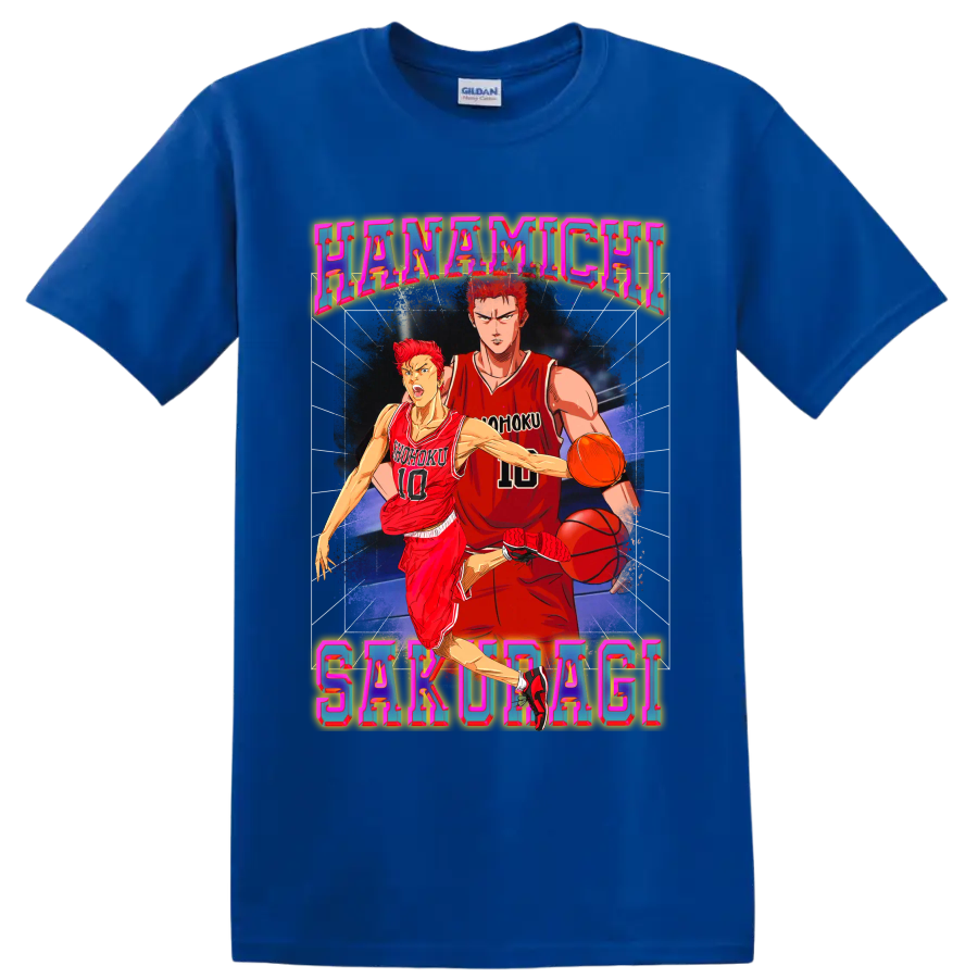 Hanamichi Sakuragi Slam Dunk basketball action in colorful retro poster art on a Royal (Blue) T Shirt