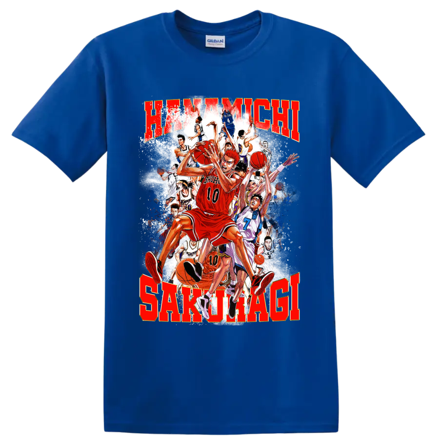 Hanamichi Sakuragi Slam Dunk manga basketball collage with distressed red lettering on a Royal (Blue) T Shirt