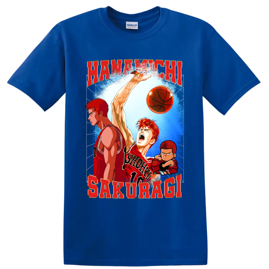 Hanamichi Sakuragi Slam Dunk manga basketball graphic with red lettering and chibi art on a Royal (Blue) T Shirt