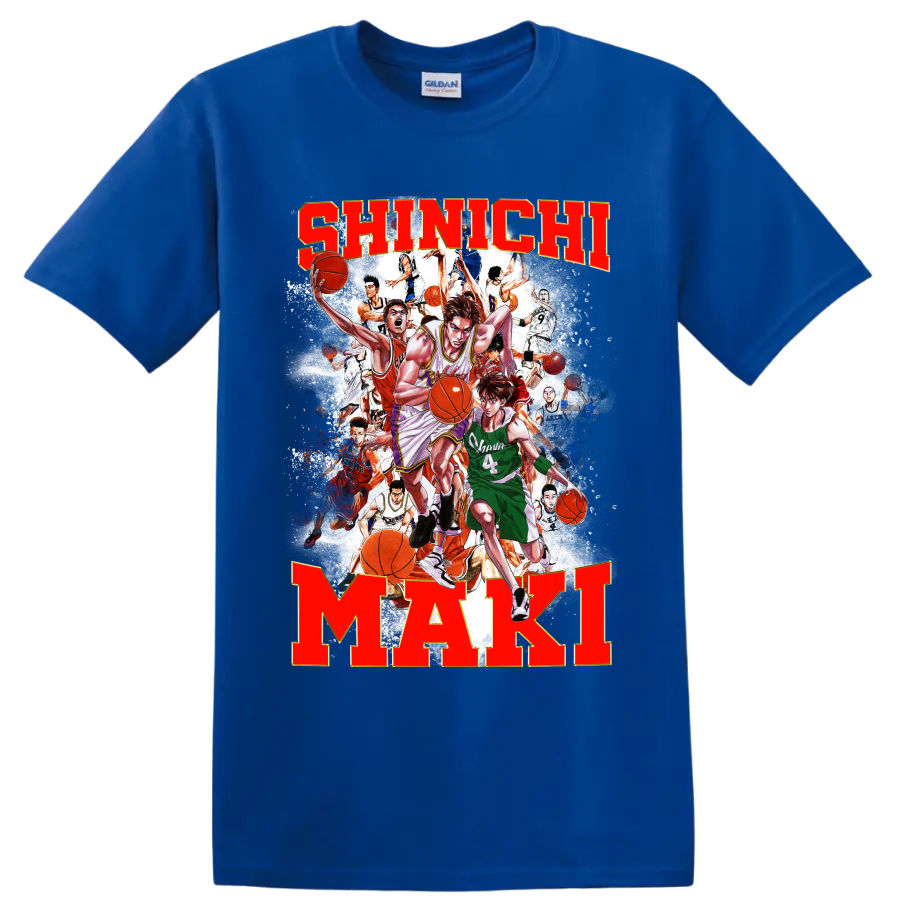 Shinichi Maki Slam Dunk manga basketball collage with bold name lettering on a Royal (Blue) T Shirt