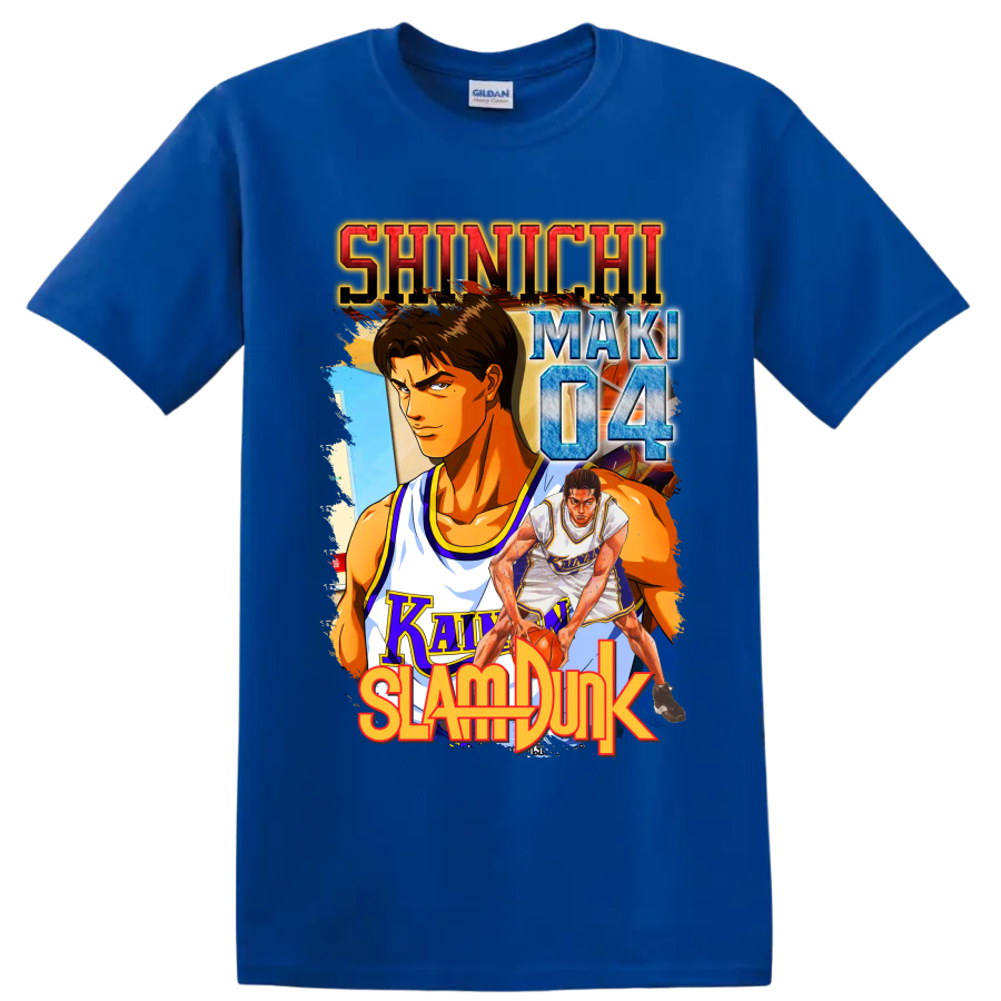 Shinichi Maki Slam Dunk manga-style Kainan basketball graphic with number 04 on a Royal (Blue) T Shirt