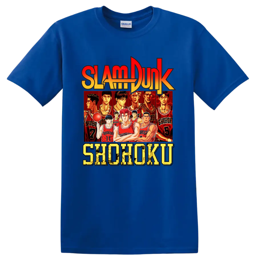 Slam Dunk Shohoku basketball team anime graphic with red jersey player lineup on a Royal (Blue) T Shirt