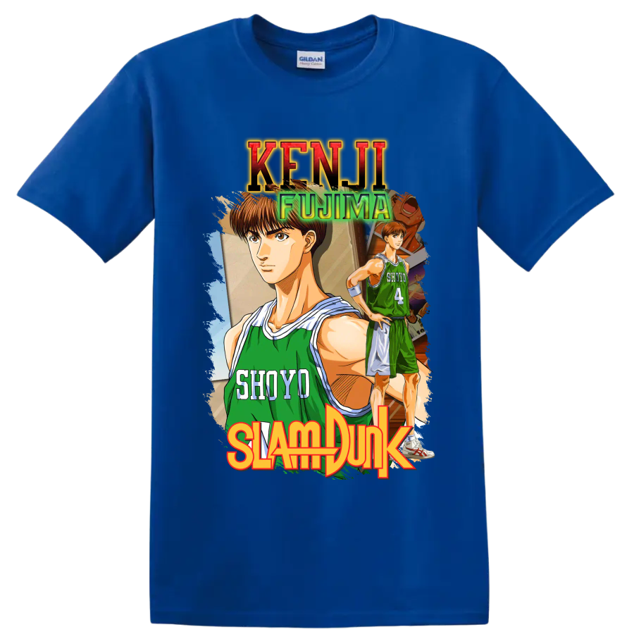 Kenji Fujima Slam Dunk manga basketball graphic with Shoyo jersey number 4 on a Royal (Blue) T Shirt