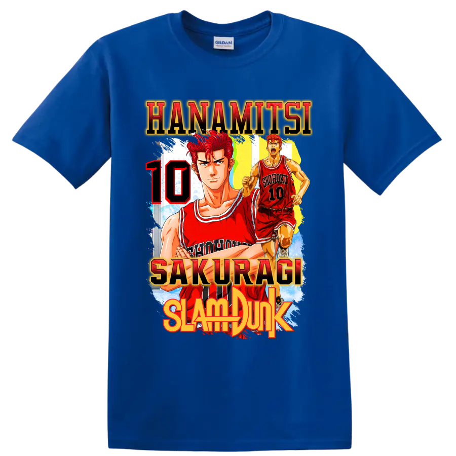 Hanamichi Sakuragi Slam Dunk manga basketball graphic with red number 10 on a Royal (Blue) T Shirt