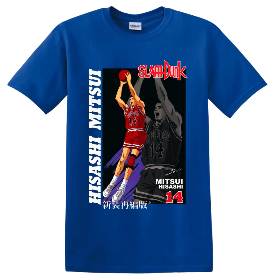 Hisashi Mitsui No. 14 Slam Dunk basketball action manga graphic print on a Royal (Blue) T Shirt
