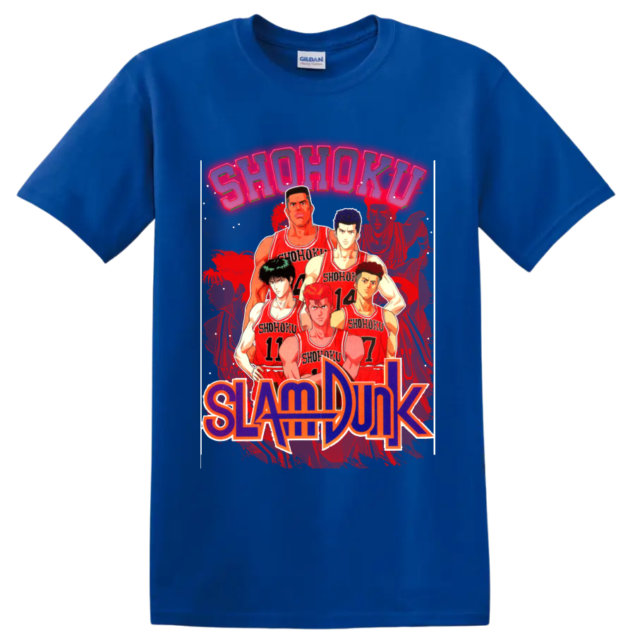 Slam Dunk Shohoku basketball team lineup in red jerseys with bold manga lettering on a Royal (Blue) T Shirt