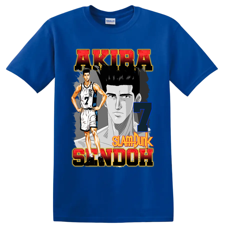 Akira Sendoh Slam Dunk manga basketball graphic with number 7 portrait art on a Royal (Blue) T Shirt