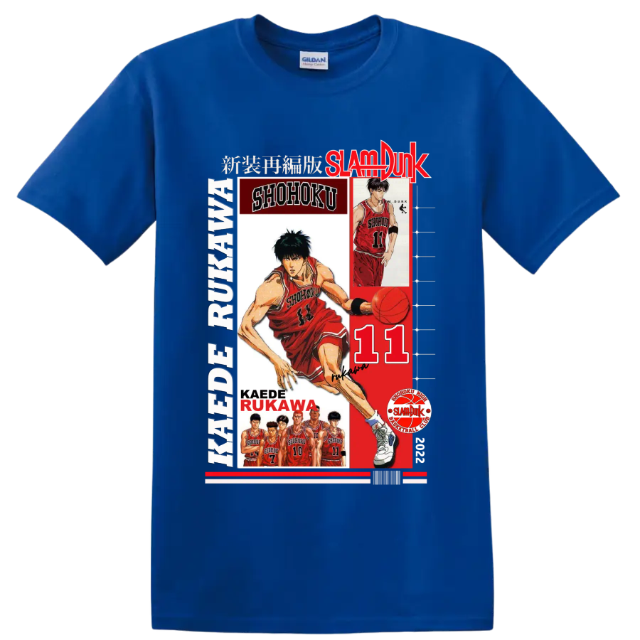 Kaede Rukawa Slam Dunk Shohoku basketball collage with number 11 and player portraits on a Royal (Blue) T Shirt