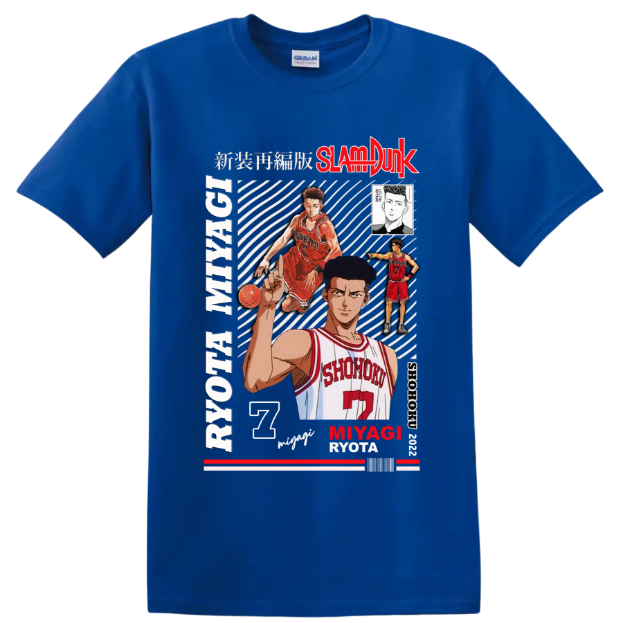 Ryota Miyagi Slam Dunk manga collage with Shohoku number 7 basketball artwork on a Royal (Blue) T Shirt