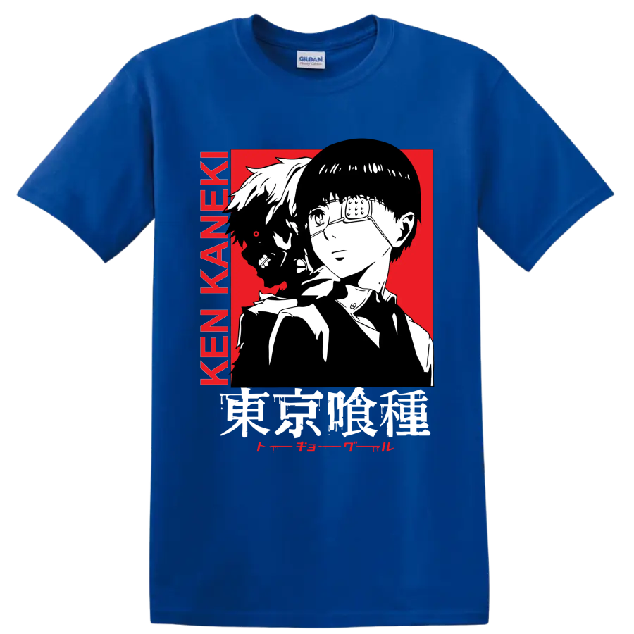 Ken Kaneki Tokyo Ghoul manga portrait with glasses, dark profile, and red backdrop on a Royal (Blue) T Shirt