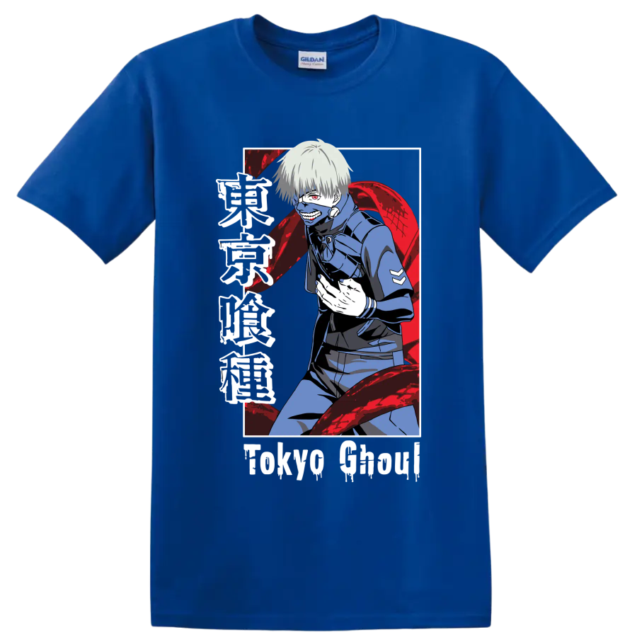 Ken Kaneki masked anime portrait with red kagune in dark Tokyo Ghoul manga style on a Royal (Blue) T Shirt