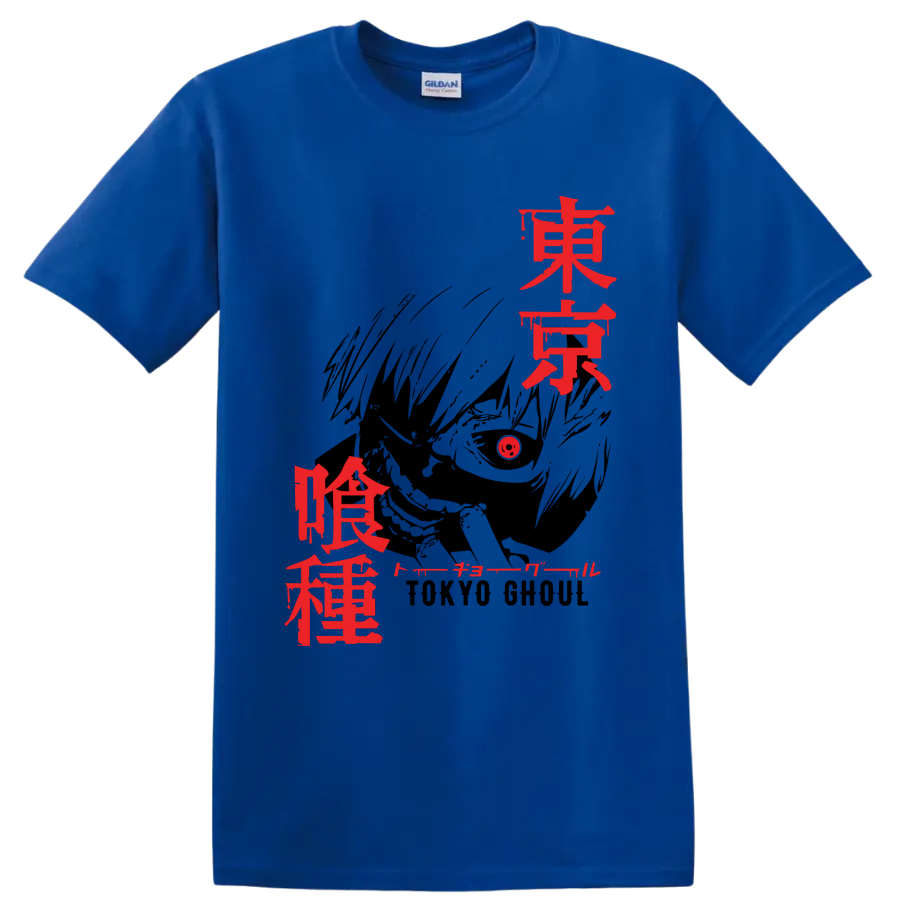 Ken Kaneki Tokyo Ghoul red Japanese title-style graphic print on a Royal (Blue) T Shirt