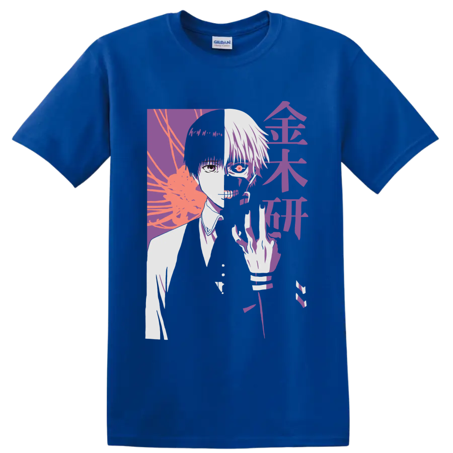 Ken Kaneki split-face Tokyo Ghoul manga portrait with red eye and purple graphic art on a Royal (Blue) T Shirt