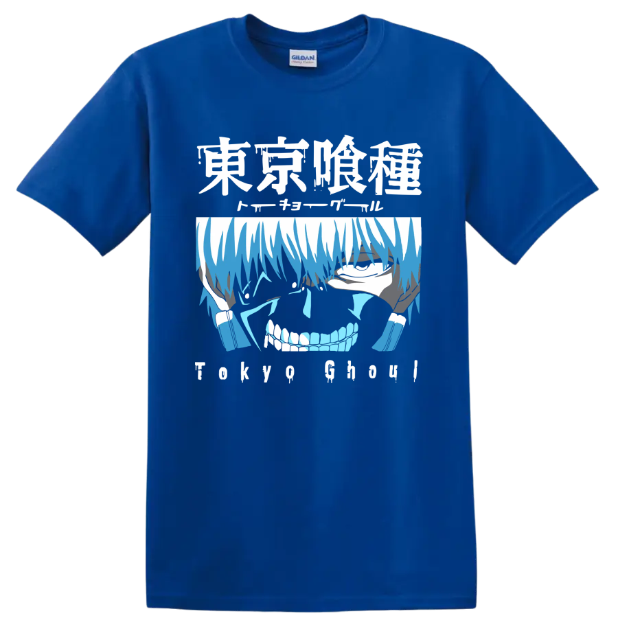 Ken Kaneki blue distressed anime portrait graphic from Tokyo Ghoul on a Royal (Blue) T Shirt