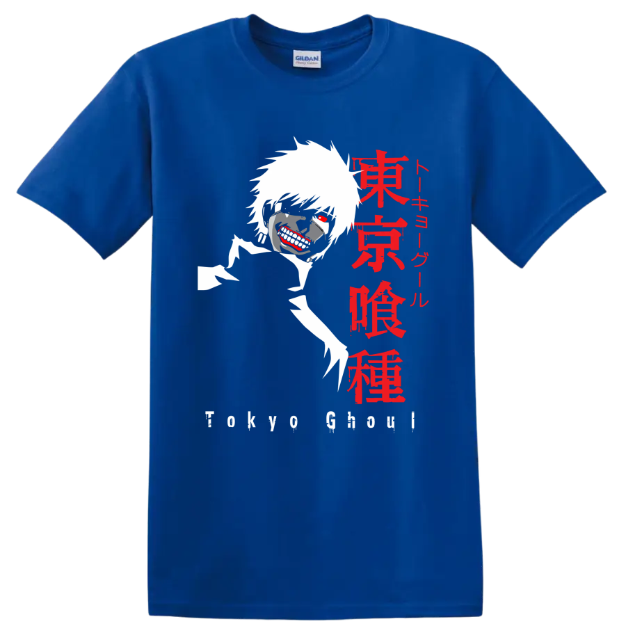 Ken Kaneki Tokyo Ghoul masked anime graphic with red eye and Japanese lettering on a Royal (Blue) T Shirt