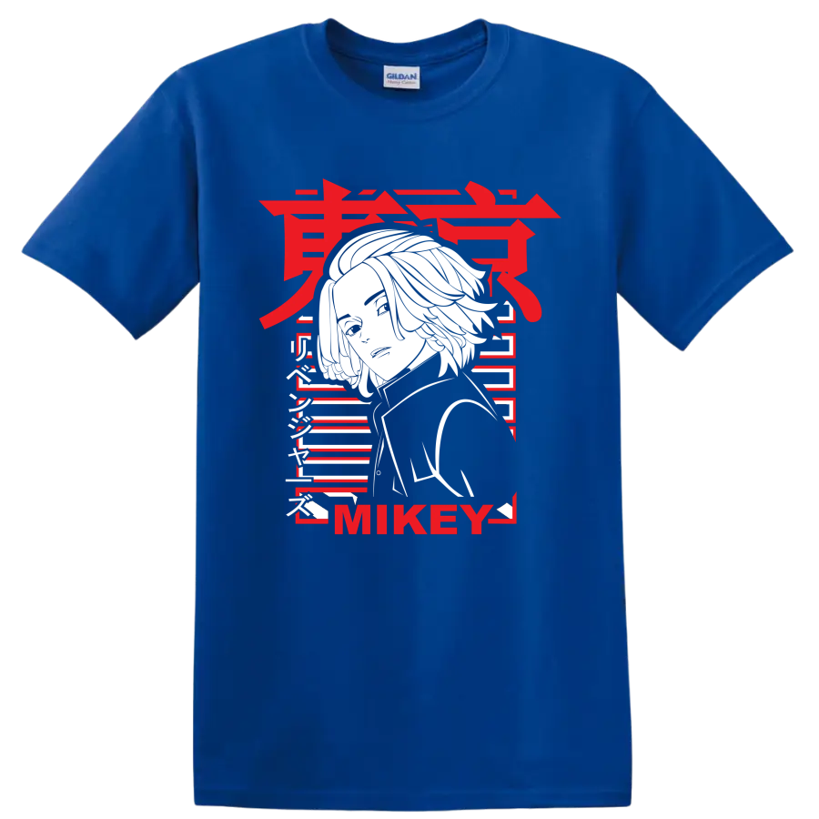 Manjiro Sano Mikey Tokyo Revengers portrait in bold red, white, and black manga style on a Royal (Blue) T Shirt