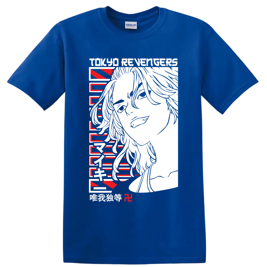 Ken Ryuguji Draken portrait in bold red and black Tokyo Revengers anime art on a Royal (Blue) T Shirt