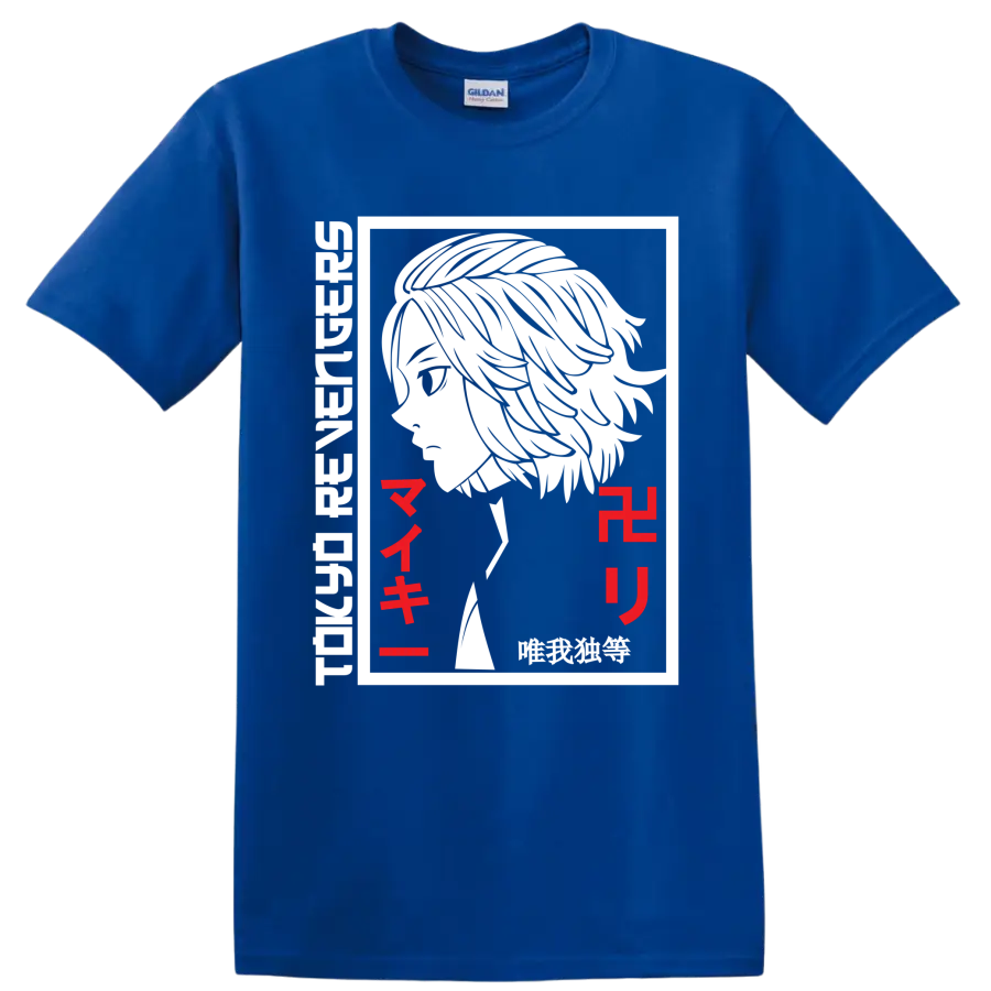 Manjiro Sano Mikey black-and-white manga portrait with red Japanese lettering on a Royal (Blue) T Shirt