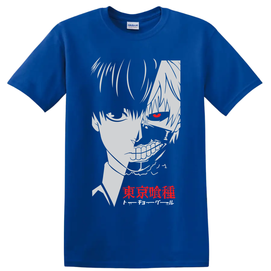 Ken Kaneki Tokyo Ghoul manga portrait with red eye, grin, and Japanese lettering on a Royal (Blue) T Shirt