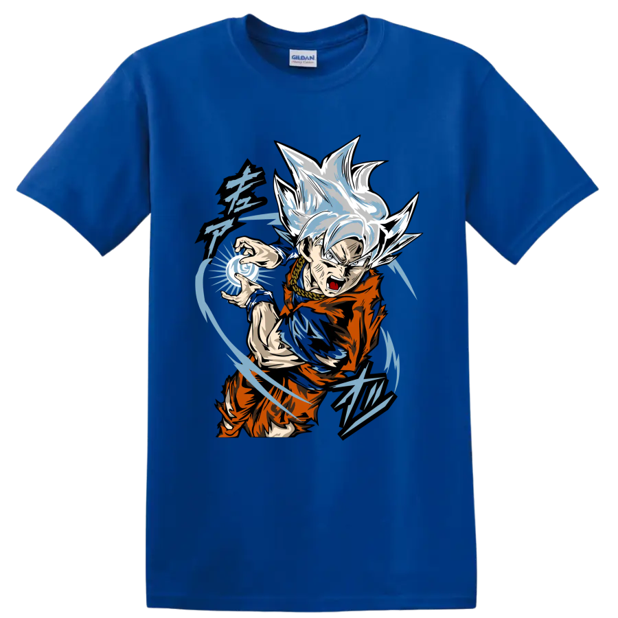 Goku Ultra Instinct anime fighter with blue energy sphere and sweeping action lines on a Royal (Blue) T Shirt