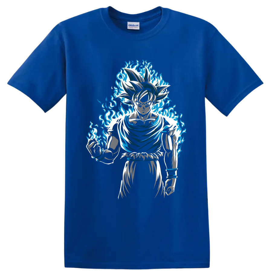 Goku Dragon Ball Super manga-style graphic with a dramatic blue flame aura on a Royal (Blue) T Shirt