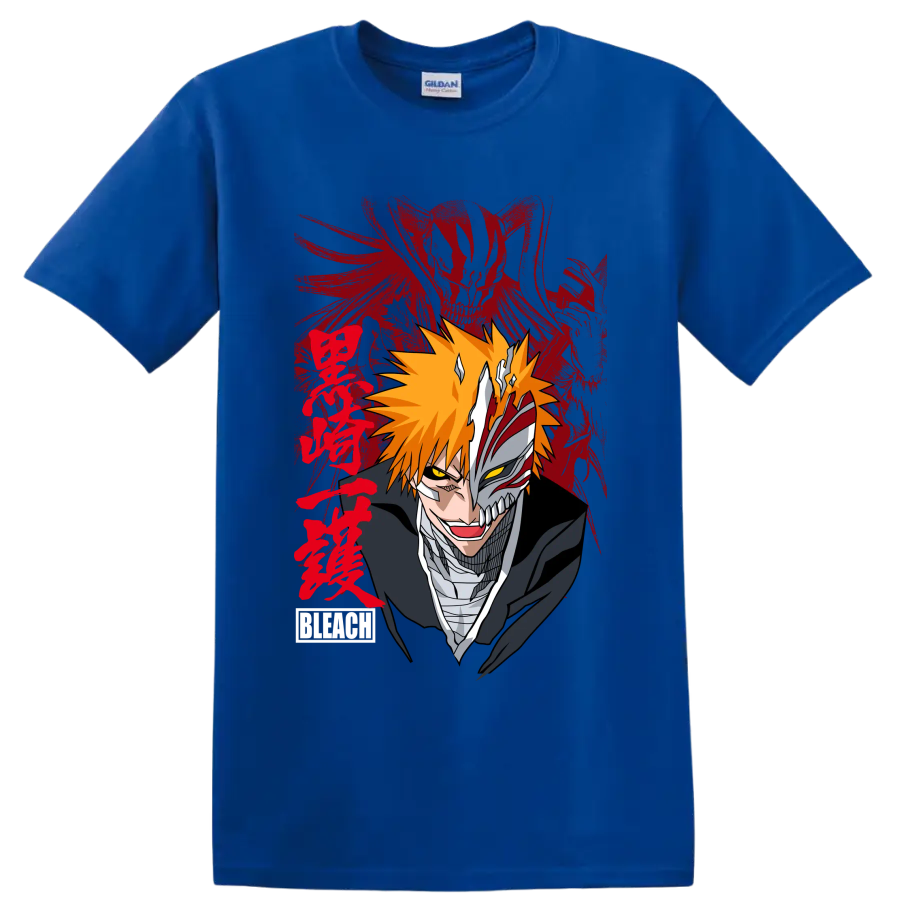 Ichigo Kurosaki split Hollow mask portrait with orange hair and red brushstroke art on a Royal (Blue) T Shirt