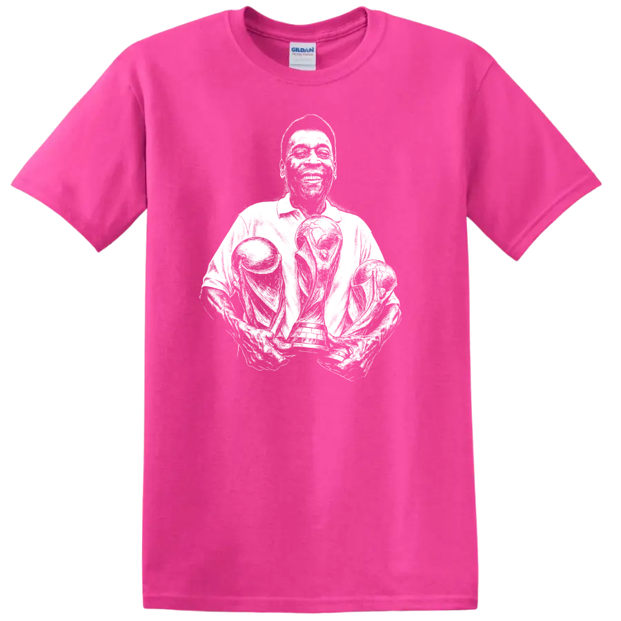 Retro soccer Pelé legend style portrait graphic T - Safety Pink