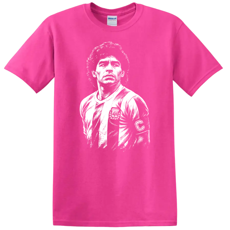 Black and white retro portrait of Diego Maradona on a T - Safety Pink