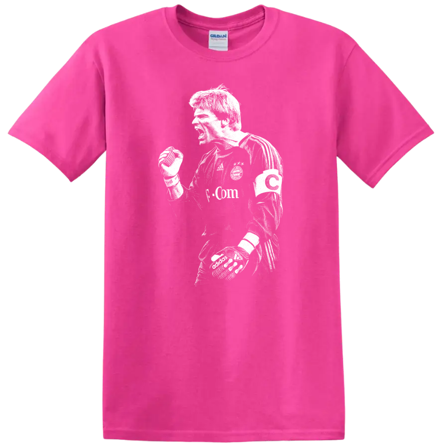 Black and white retro soccer portrait of Oliver Kahn on a T - Safety Pink