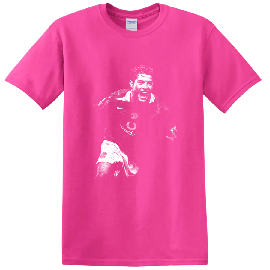 Retro black and white Cristiano Ronaldo soccer portrait graphic T - Safety Pink