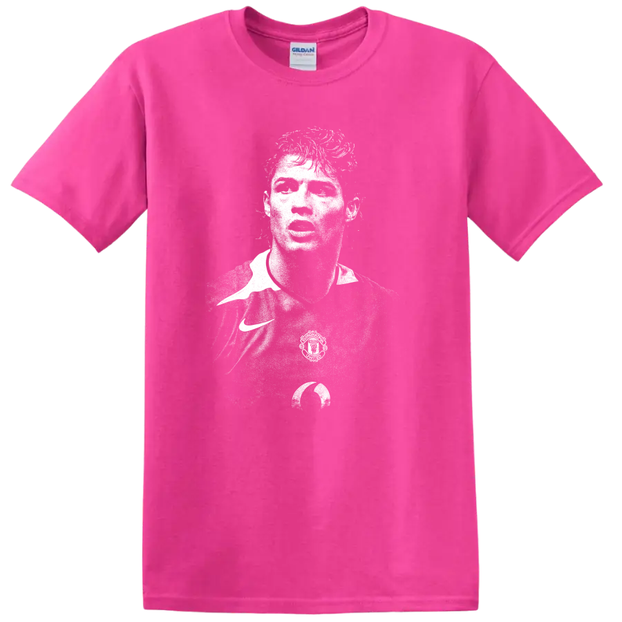 Retro black and white Cristiano Ronaldo portrait style T shirt - Safety Pink