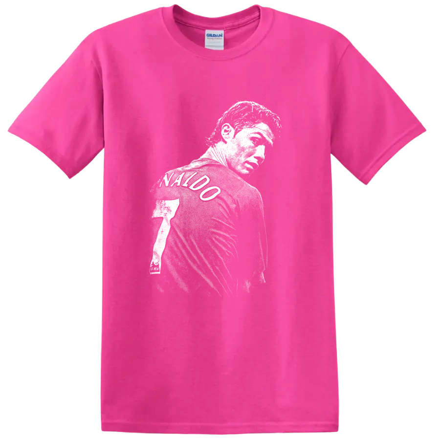 Retro soccer portrait of Cristiano Ronaldo style graphic T - Safety Pink