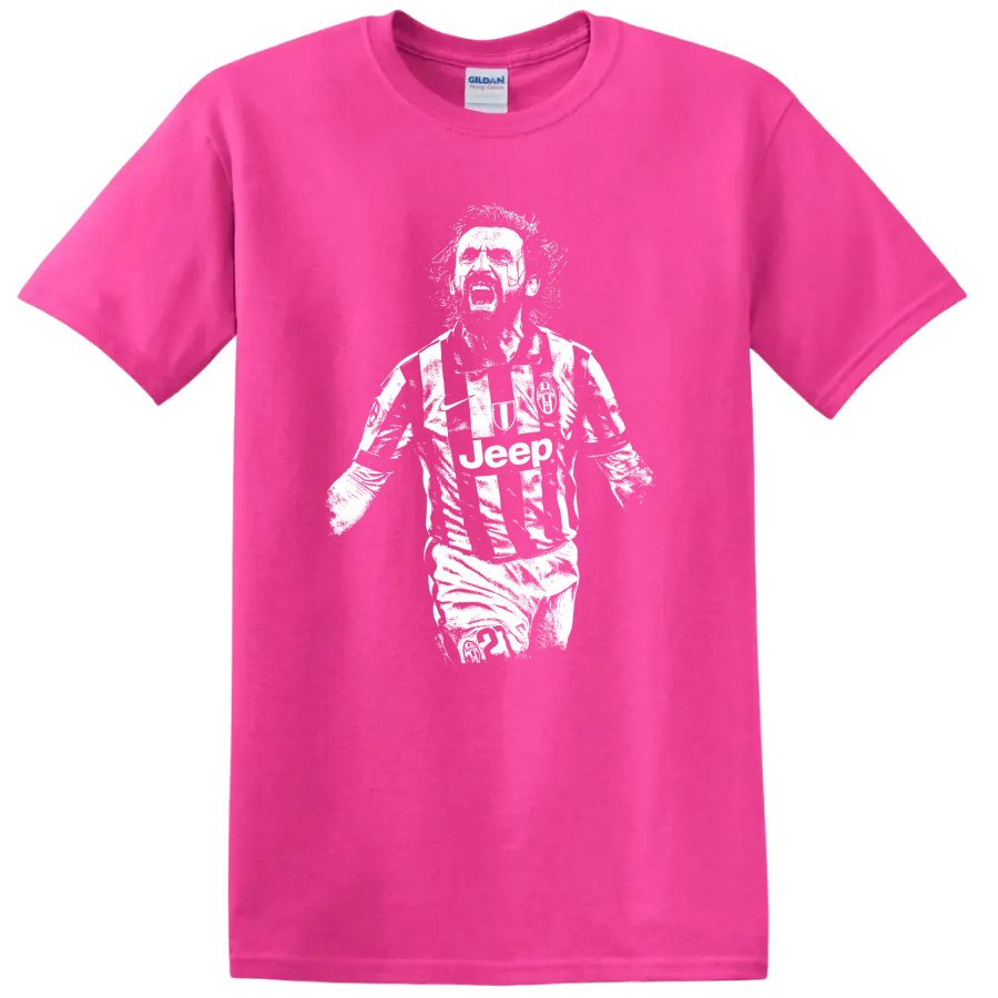 Retro soccer portrait design inspired by Andrea Pirlo on a T - Safety Pink