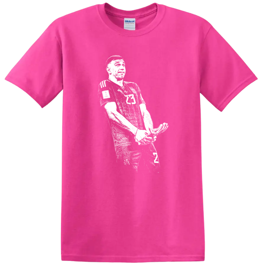 Retro soccer Emiliano Martínez portrait in black and white on a T - Safety Pink