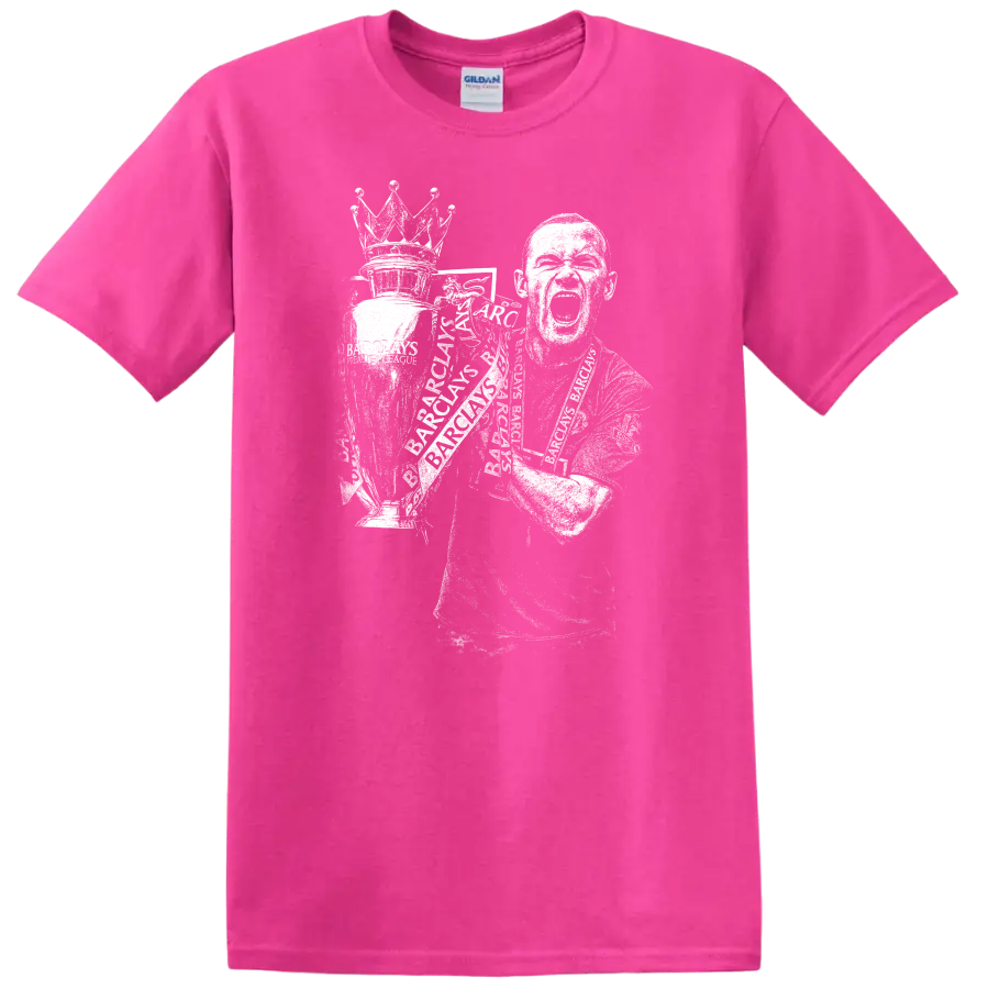 Retro soccer player portrait style graphic inspired by Wayne Rooney on a T - Safety Pink