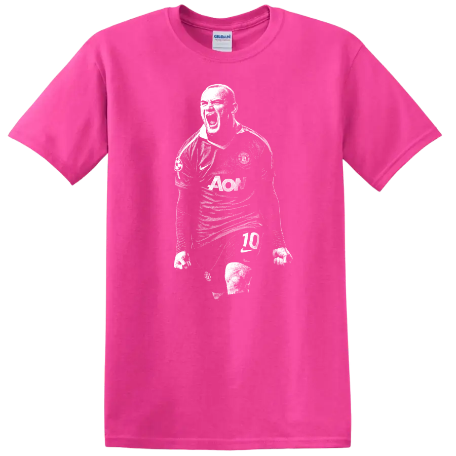 Retro black and white soccer player portrait style Wayne Rooney T - Safety Pink